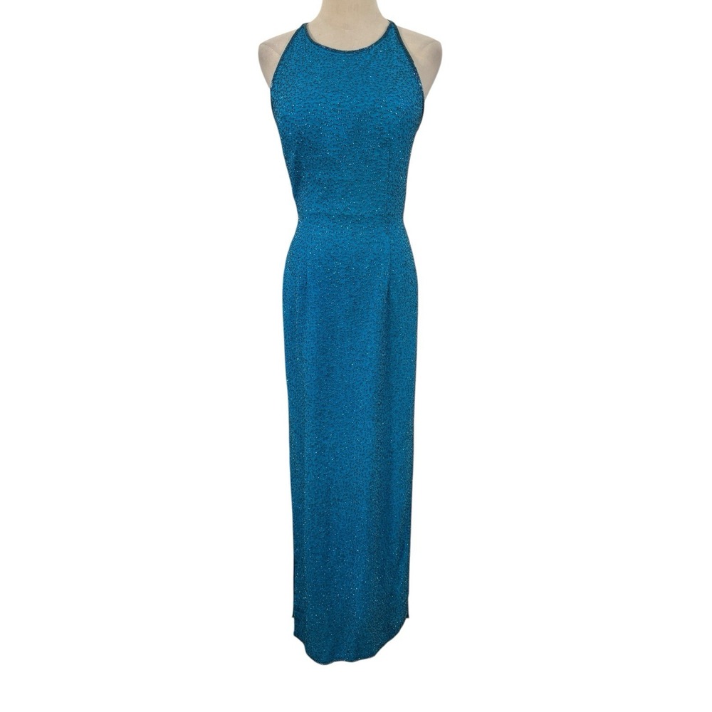 Vtg 90s Scala Blue Silk Bead Gown Sz M Dramatic Back‎ Whimsi Fairy Event